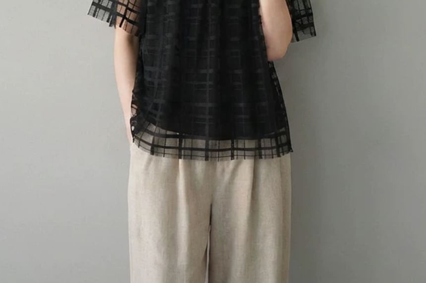 Sheer Panel Plaid Round-Neck Tee