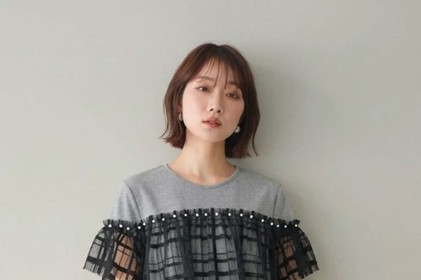 Sheer Panel Plaid Round-Neck Tee