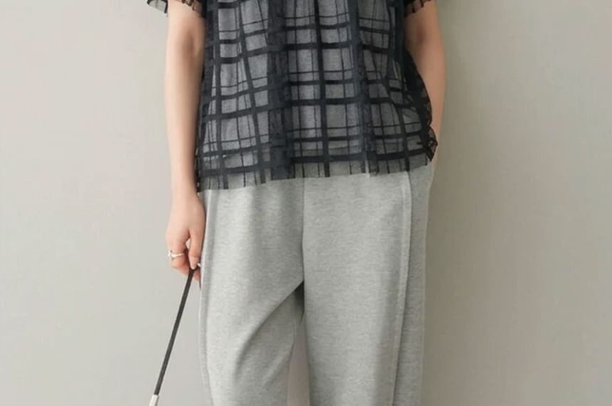 Sheer Panel Plaid Round-Neck Tee