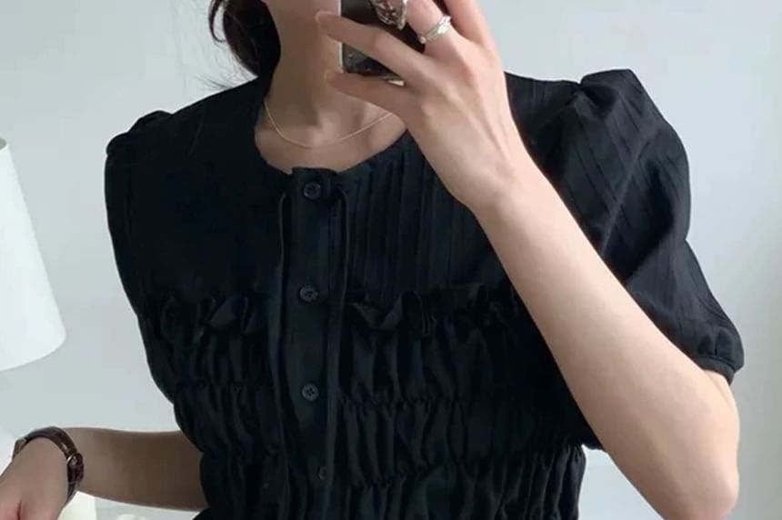 Ruffle Trim Round-Neck Short-Sleeve Blouse