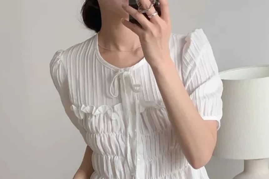 Ruffle Trim Round-Neck Short-Sleeve Blouse