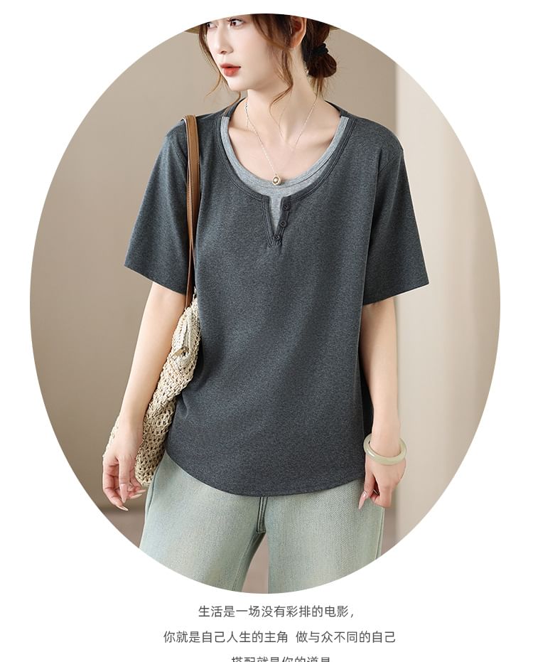 Mock Two-Piece Crew-Neck Short-Sleeve Tee