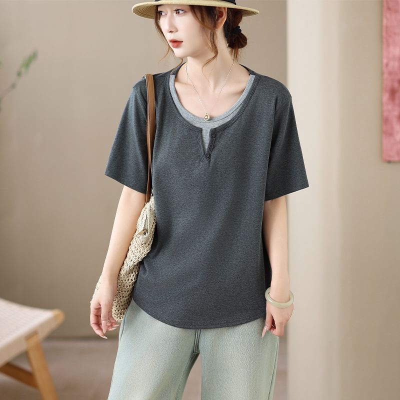 Mock Two-Piece Crew-Neck Short-Sleeve Tee