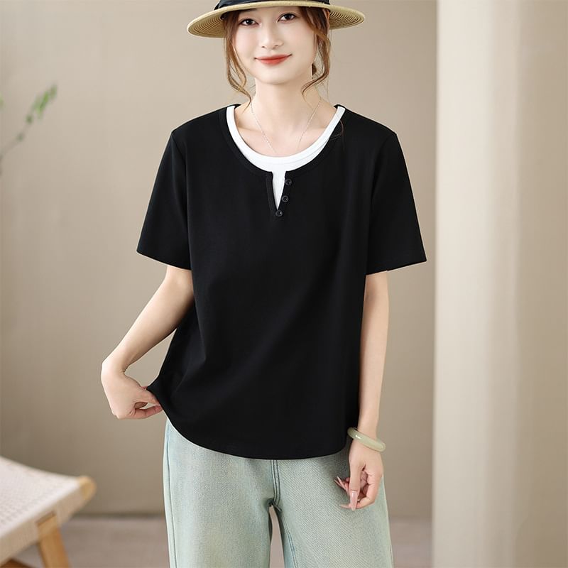 Mock Two-Piece Crew-Neck Short-Sleeve Tee
