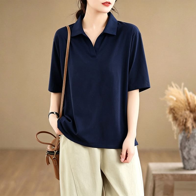 Collared Plain Polo Shirt with Short Sleeves