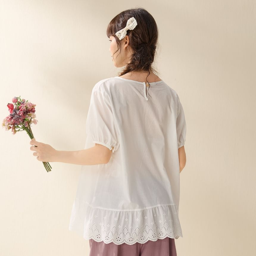 Round Neck Eyelet Trim Blouse with Short Sleeves