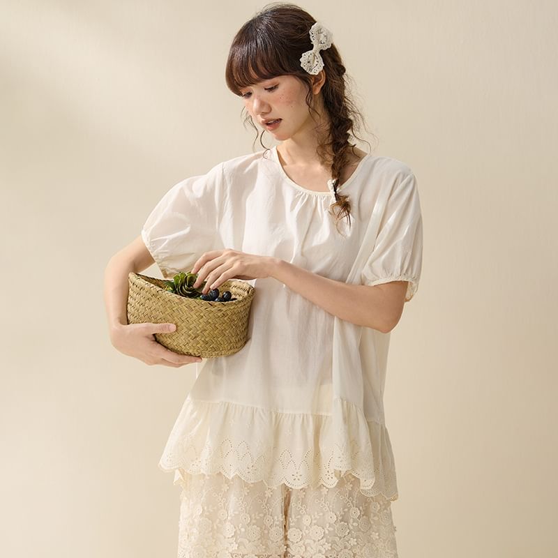Round Neck Eyelet Trim Blouse with Short Sleeves