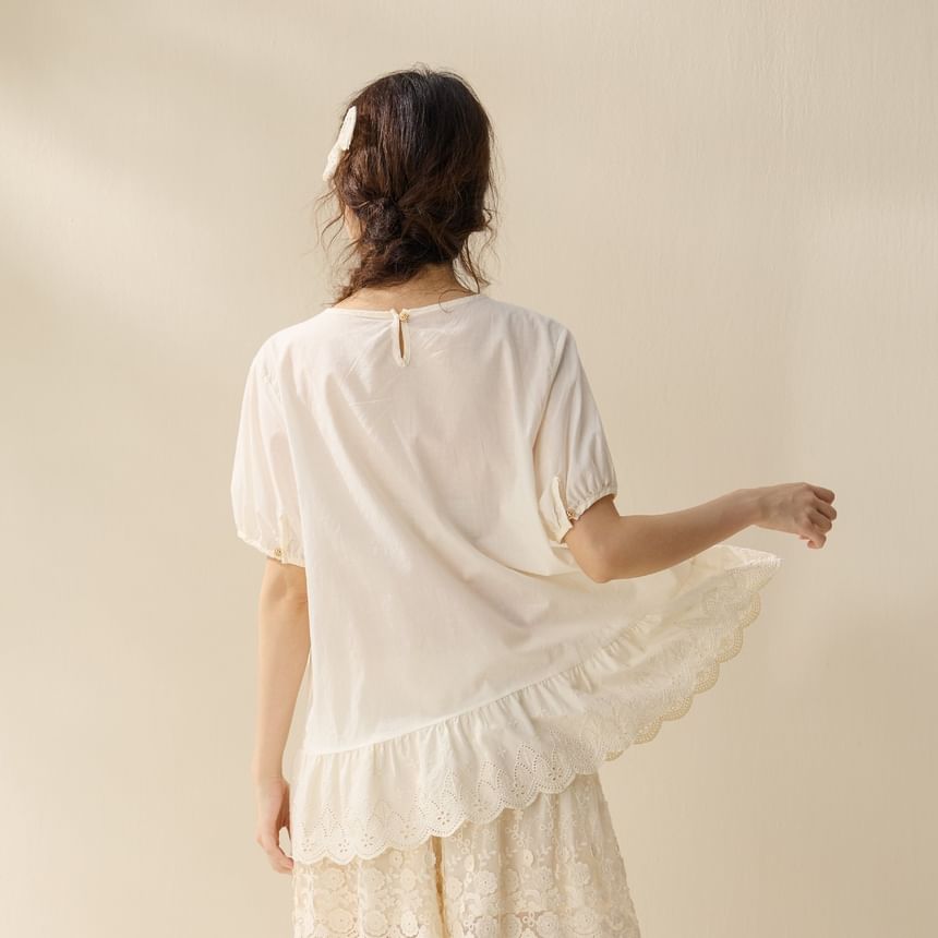Round Neck Eyelet Trim Blouse with Short Sleeves
