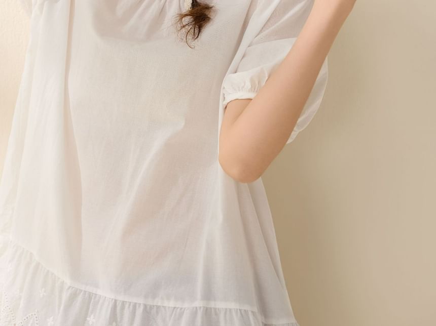 Round Neck Eyelet Trim Blouse with Short Sleeves