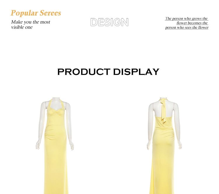 Halter V-Neck Plain Ruched Open Back Maxi Bodycon Dress