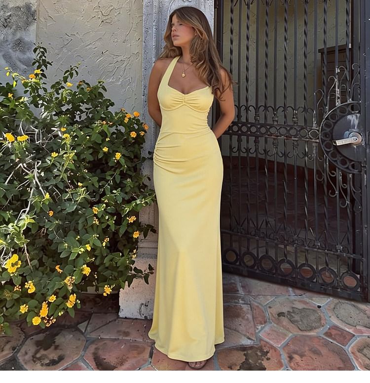 Halter V-Neck Plain Ruched Open Back Maxi Bodycon Dress