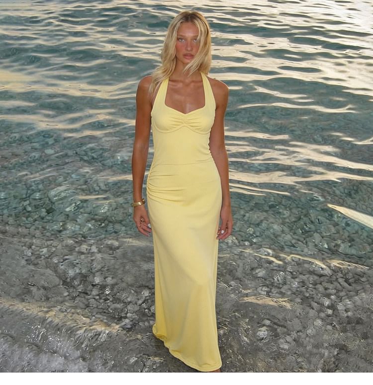 Halter V-Neck Plain Ruched Open Back Maxi Bodycon Dress