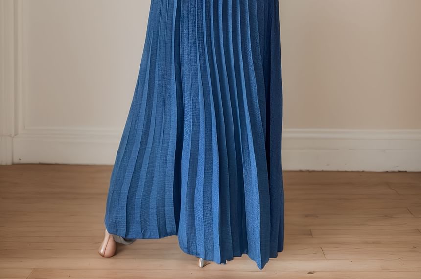 Sleeveless V-Neck Plain Ruched Maxi Pleated A-Line Dress