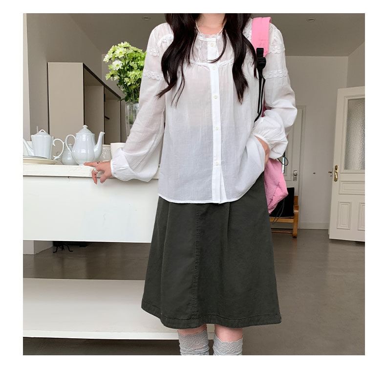 Long Sleeve Lace Trim Button-Up Sheer Blouse