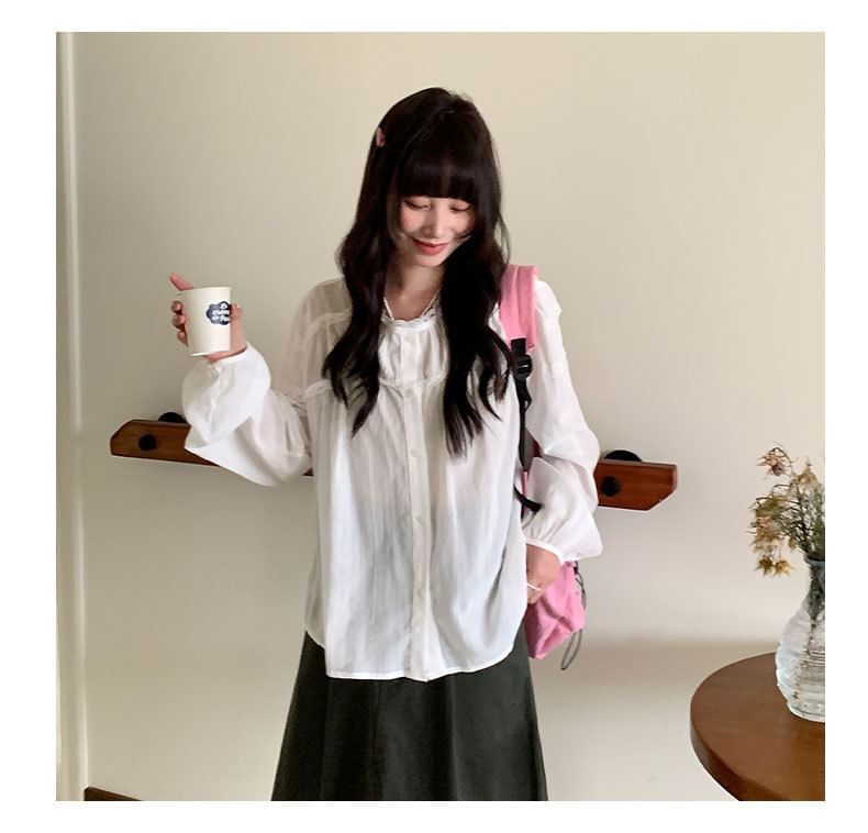 Long Sleeve Lace Trim Button-Up Sheer Blouse