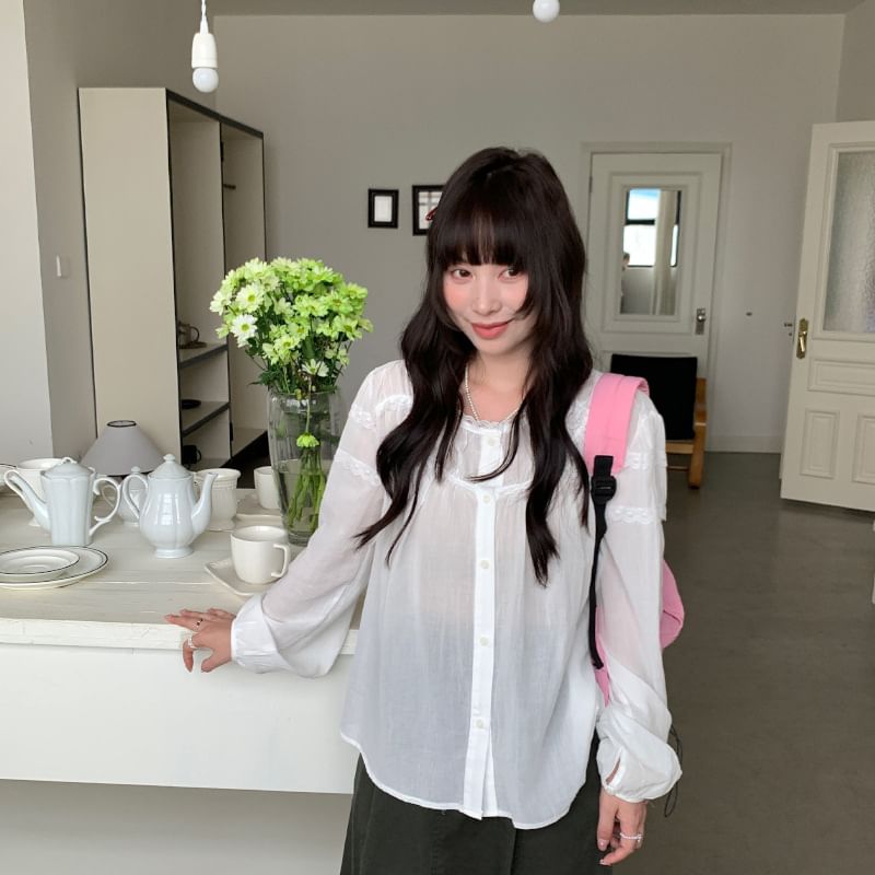 Long Sleeve Lace Trim Button-Up Sheer Blouse