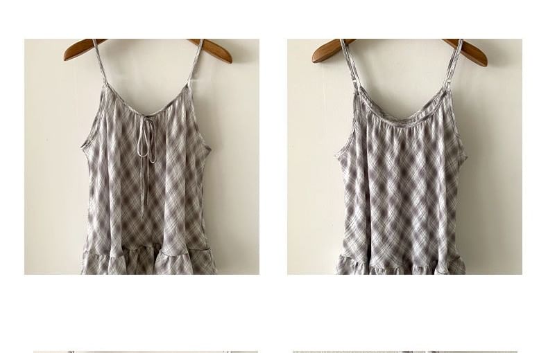 Plaid Scoop Neck Camisole with Ruffle Hem and Front Tie