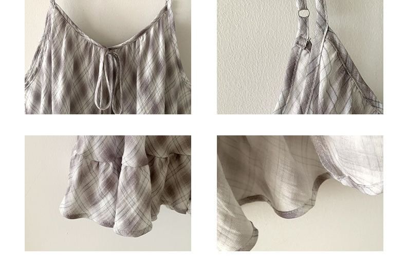 Plaid Scoop Neck Camisole with Ruffle Hem and Front Tie