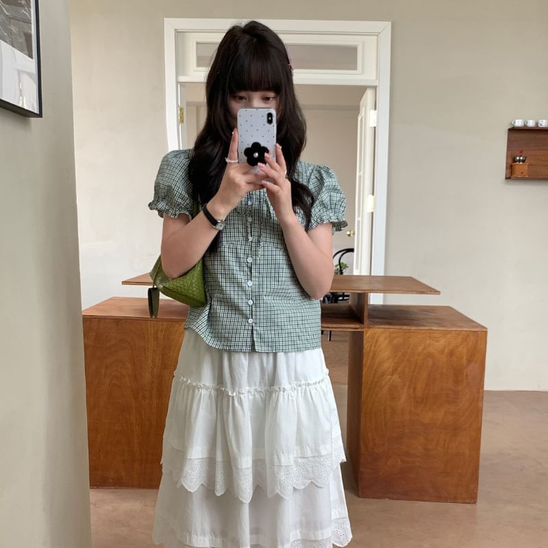 Plaid Puff-Sleeve Blouse with Tie Neck and Buttons