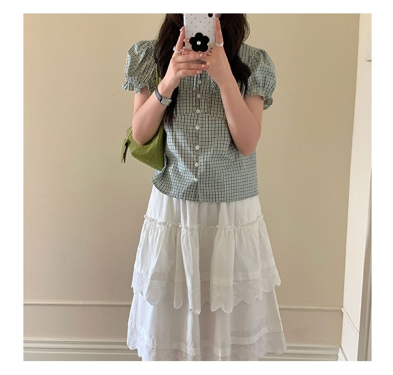 Plaid Puff-Sleeve Blouse with Tie Neck and Buttons