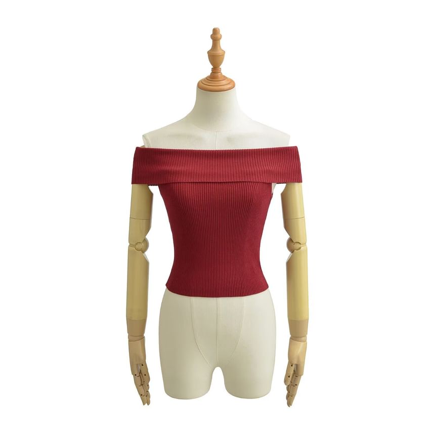 Off-Shoulder Ribbed Knit Tee with Short Sleeves