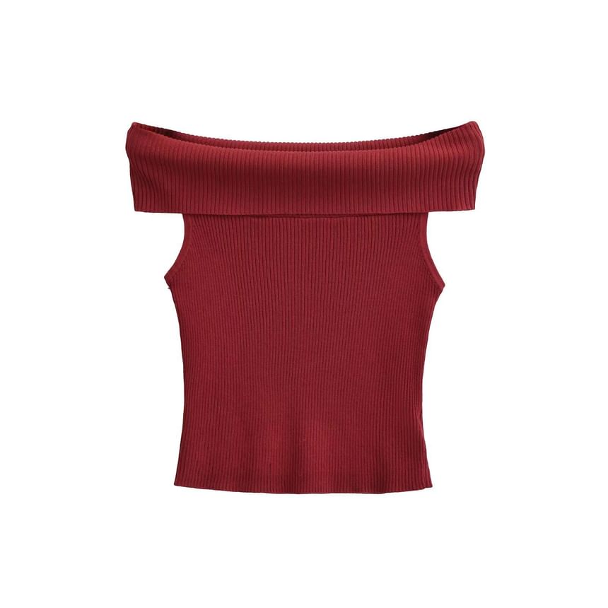 Off-Shoulder Ribbed Knit Tee with Short Sleeves