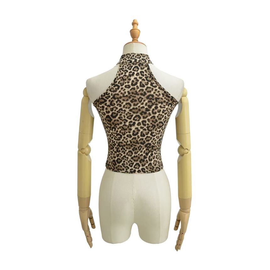 Leopard Print Halter Neck Crop Camisole