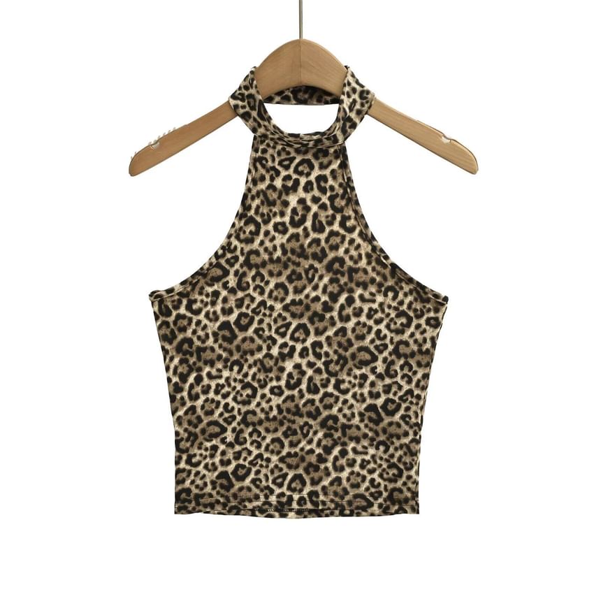 Leopard Print Halter Neck Crop Camisole