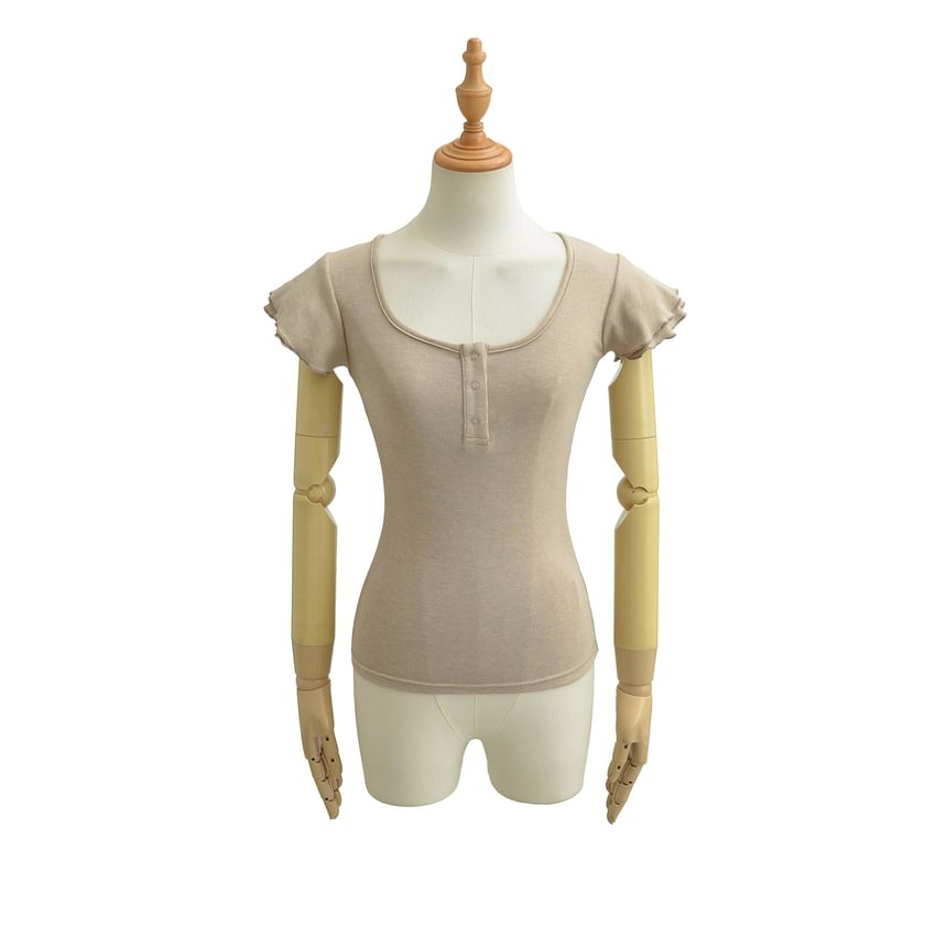Scoop Neck Plain Henley T-Shirt with Short Sleeves
