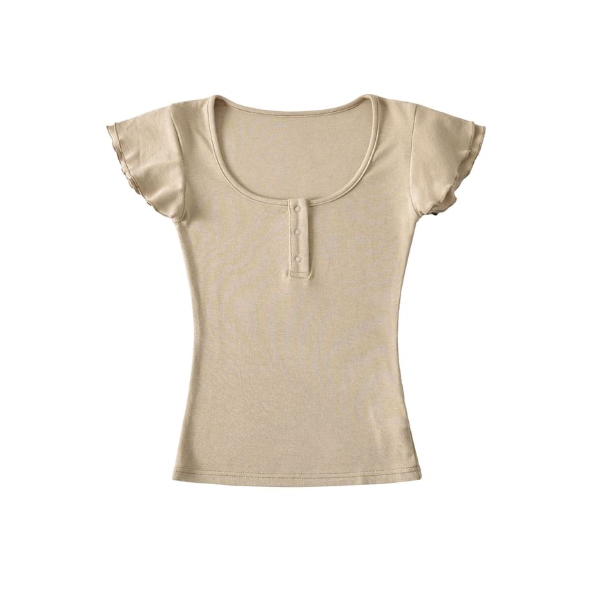 Scoop Neck Plain Henley T-Shirt with Short Sleeves