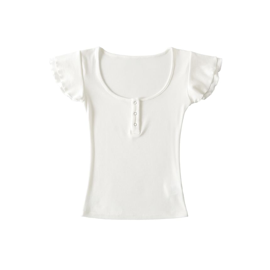 Scoop Neck Plain Henley T-Shirt with Short Sleeves