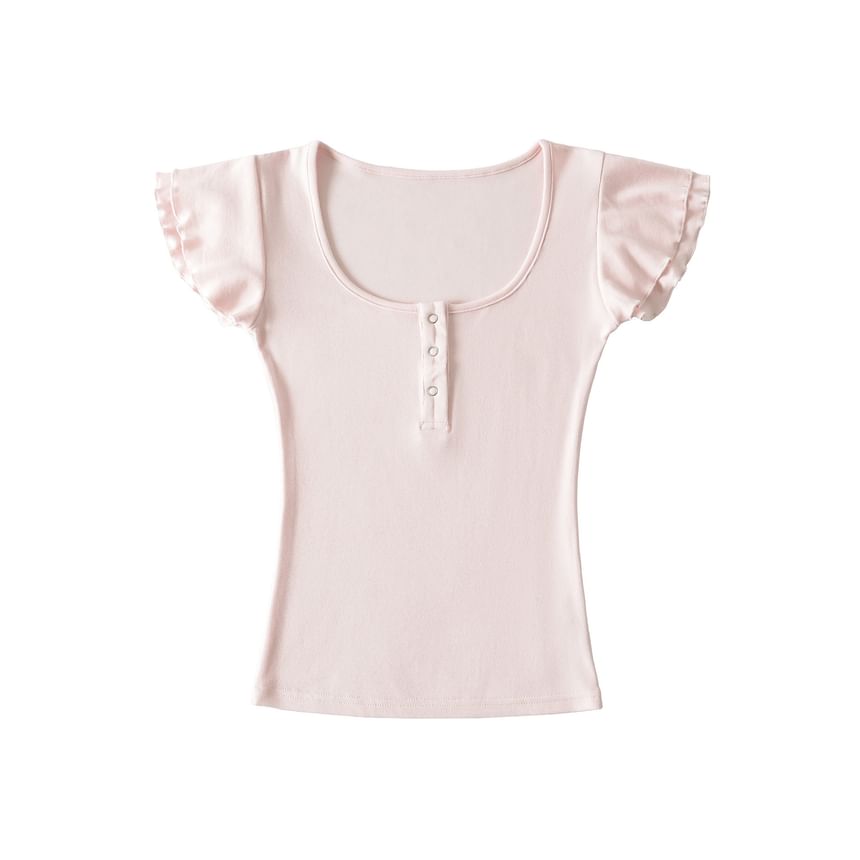 Scoop Neck Plain Henley T-Shirt with Short Sleeves