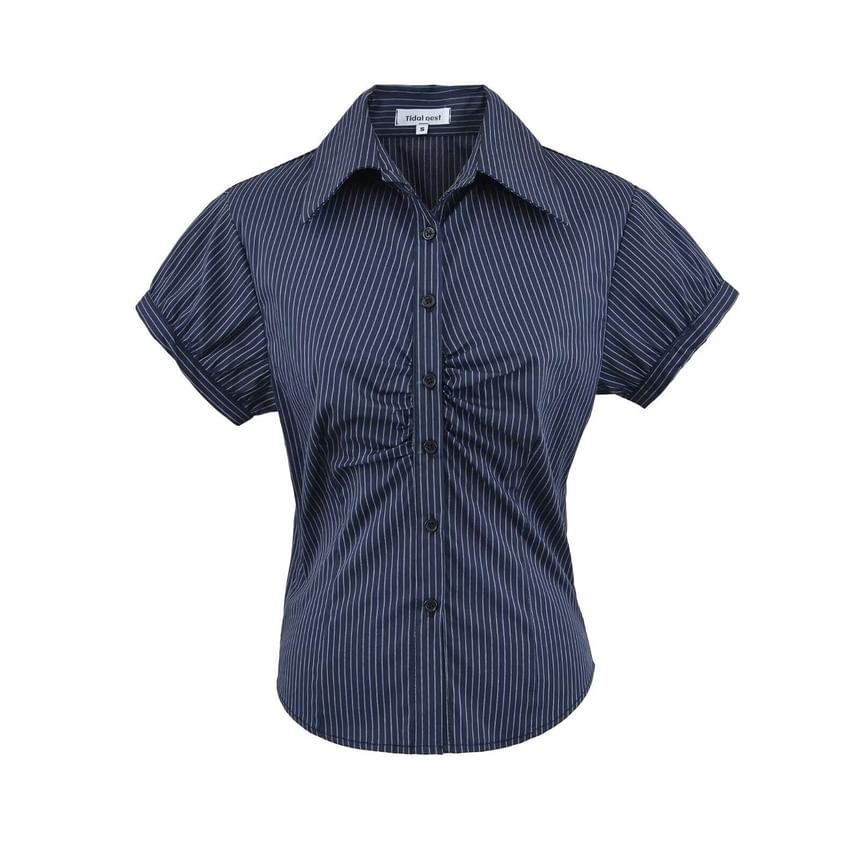 Striped Ruched Collared Short Sleeve Button Shirt