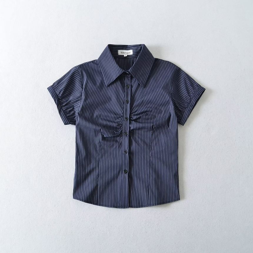 Striped Ruched Collared Short Sleeve Button Shirt