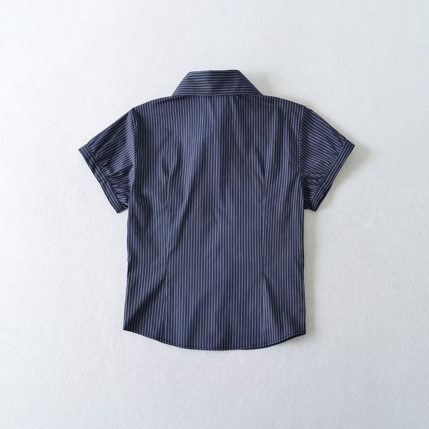 Striped Ruched Collared Short Sleeve Button Shirt