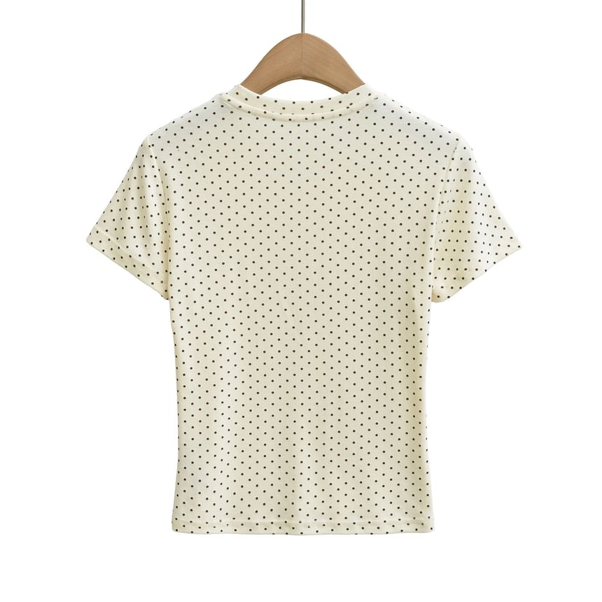 Dotted Crew Neck Crop T-Shirt with Short Sleeves