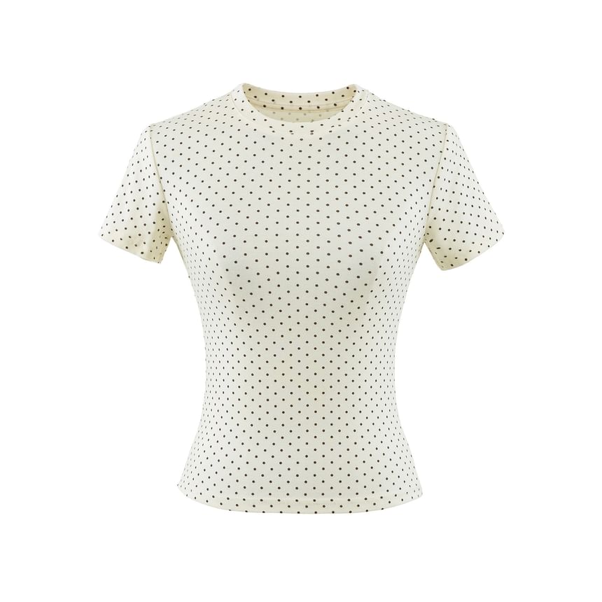 Dotted Crew Neck Crop T-Shirt with Short Sleeves