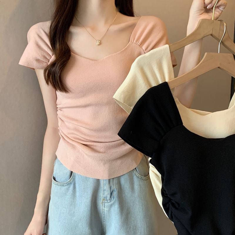 Square Neck Ruched Short Sleeve T-Shirt