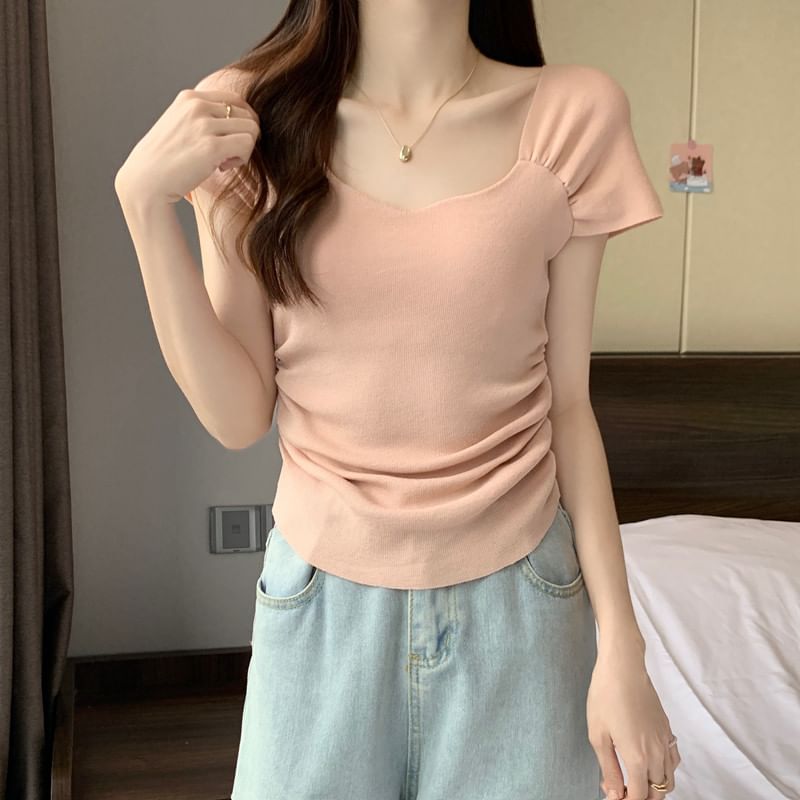 Square Neck Ruched Short Sleeve T-Shirt