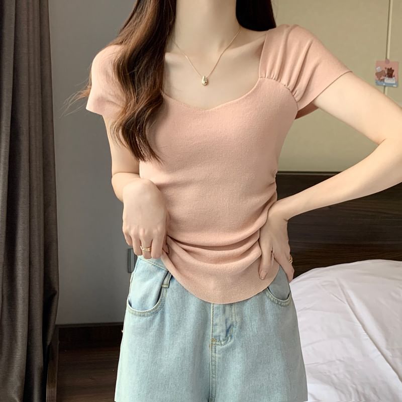 Square Neck Ruched Short Sleeve T-Shirt