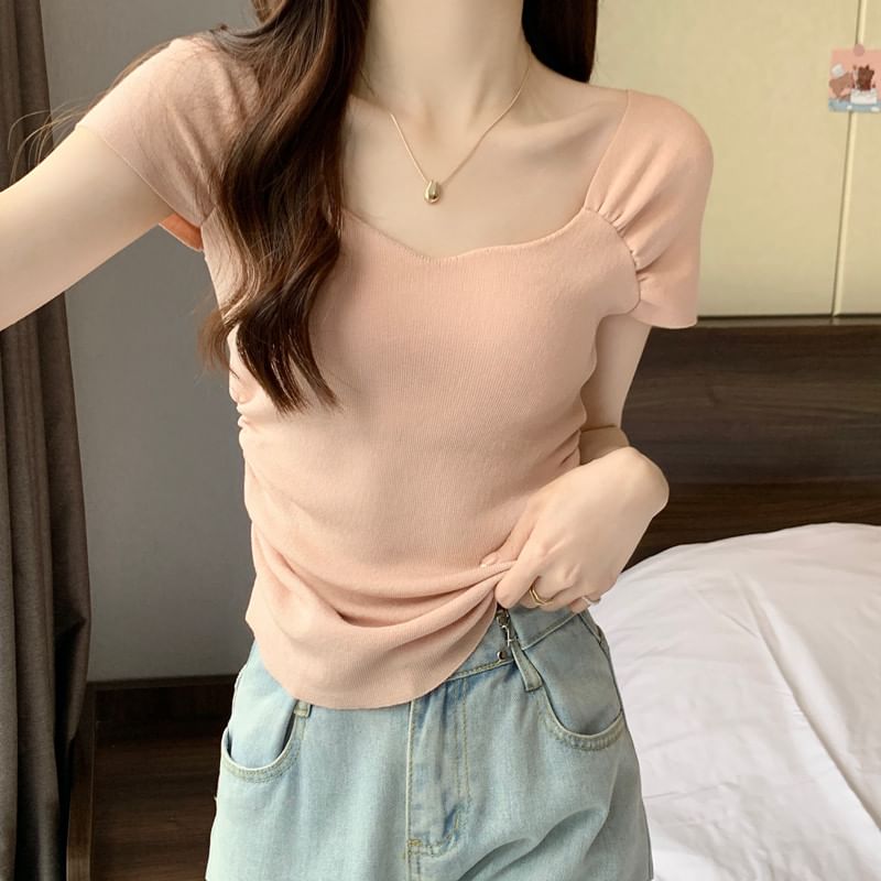 Square Neck Ruched Short Sleeve T-Shirt
