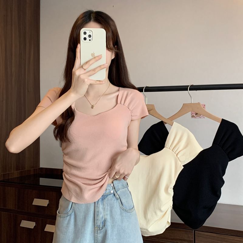 Square Neck Ruched Short Sleeve T-Shirt