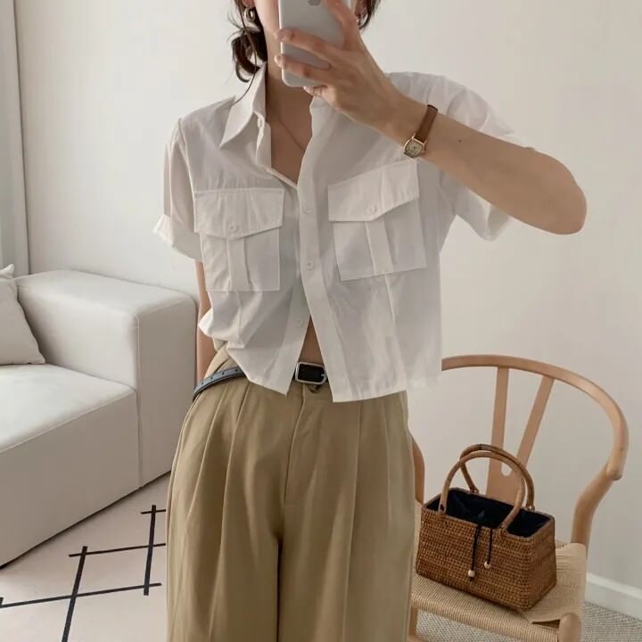 Cropped Collared Shirt with Short Sleeves