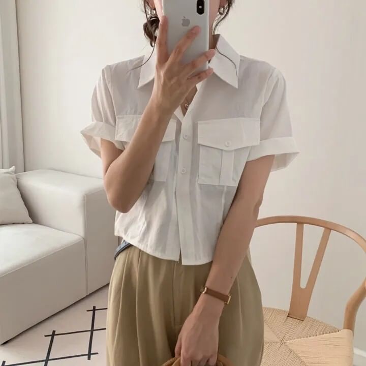 Cropped Collared Shirt with Short Sleeves