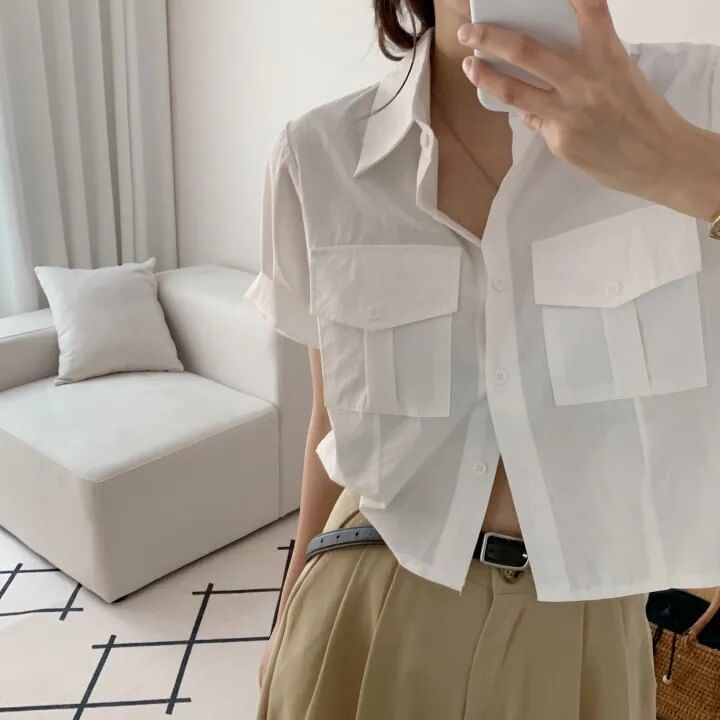 Cropped Collared Shirt with Short Sleeves