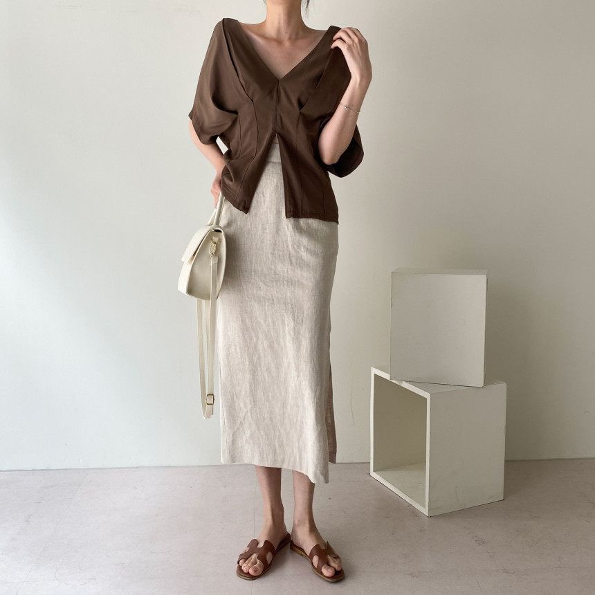 Pleated V-Neck Blouse with Short Sleeves