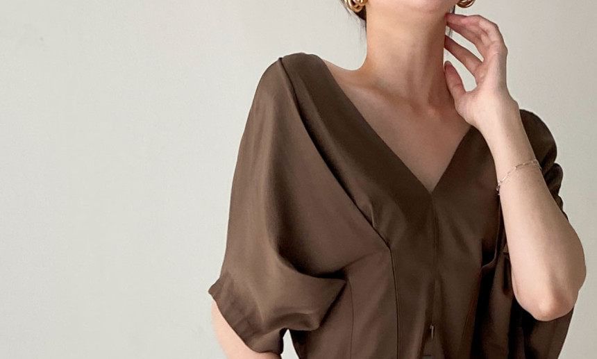 Pleated V-Neck Blouse with Short Sleeves