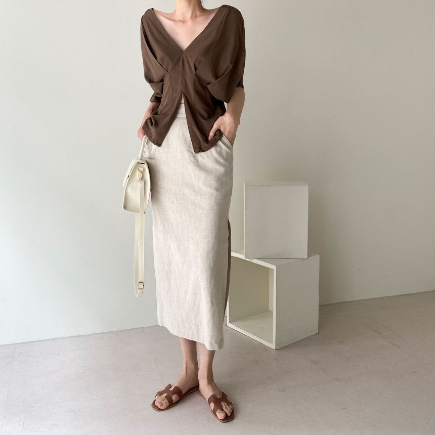 Pleated V-Neck Blouse with Short Sleeves