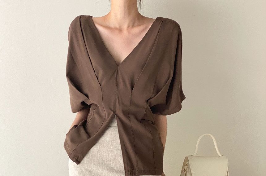 Pleated V-Neck Blouse with Short Sleeves