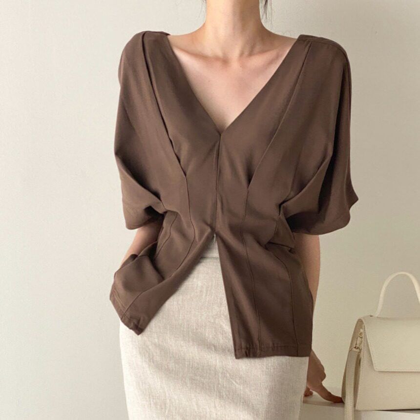 Pleated V-Neck Blouse with Short Sleeves